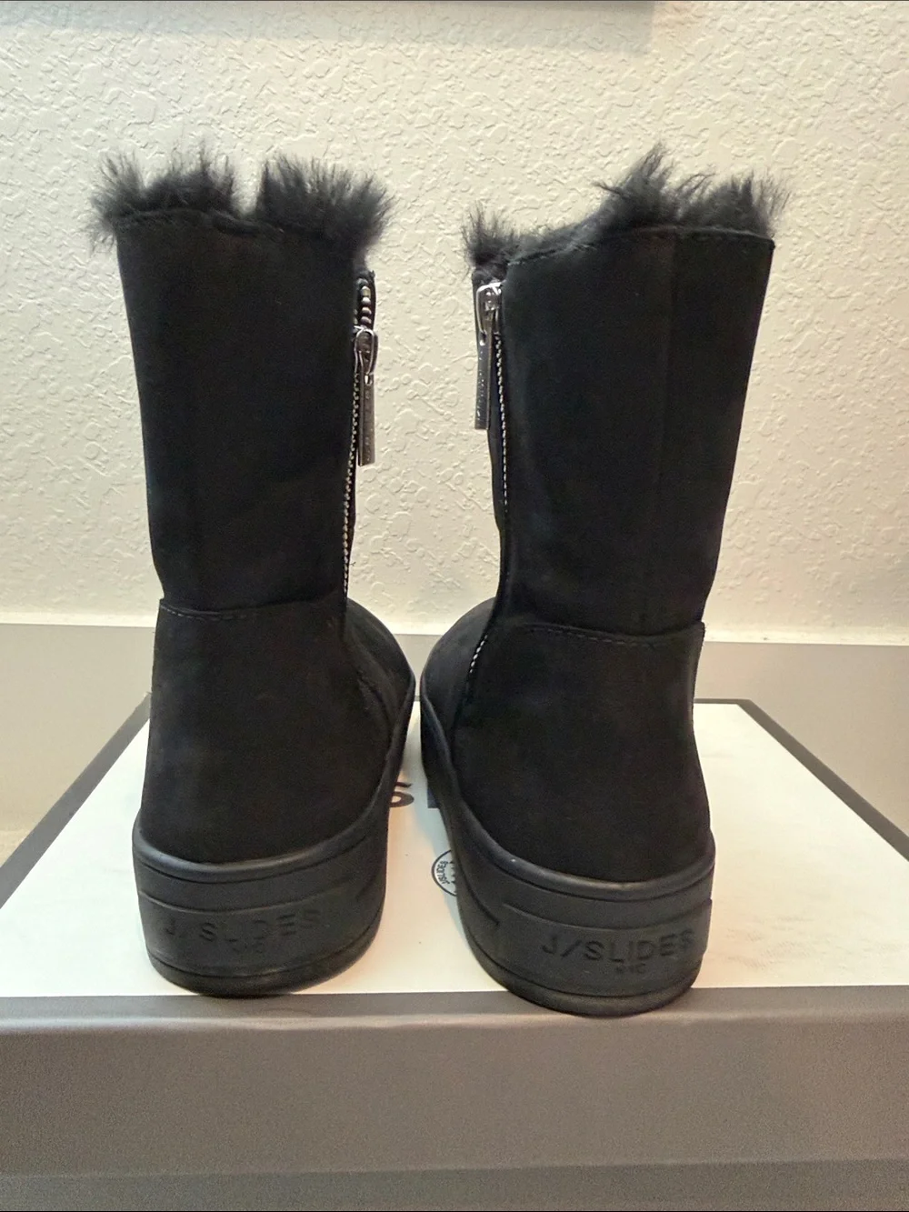 J/SLIDES Black Suede Fur-Trim Platform Ankle Boots
